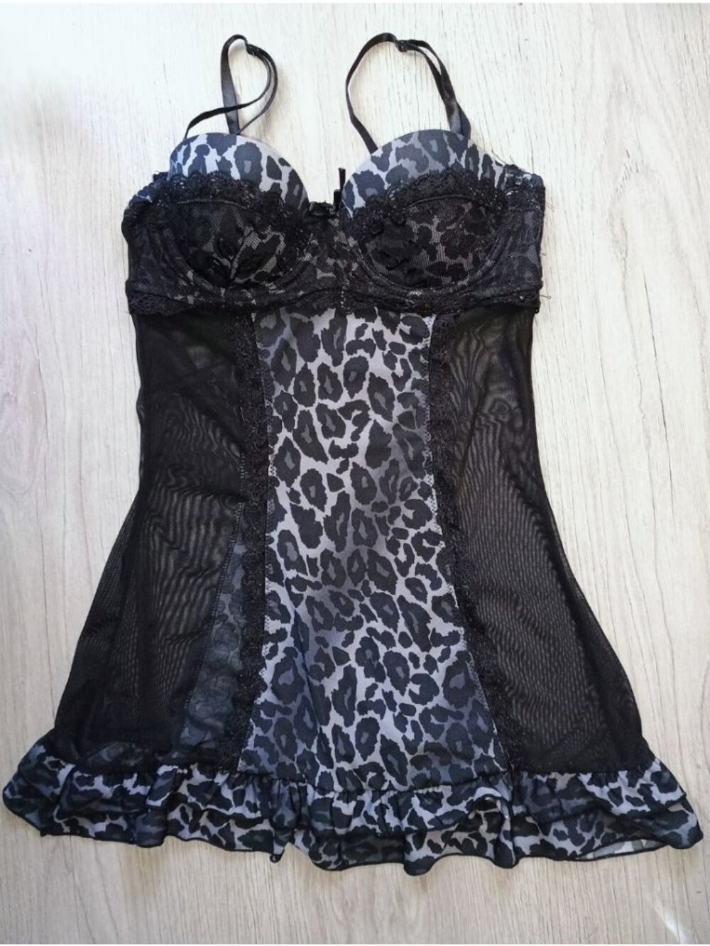 Leopard Print Babydoll Teddy Semi Sheer Stretch Mesh with Thong (2 PC SET) - Picture 1 of 7